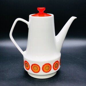 60s CHODZIEZ Poland Orange Flower Power Coffee Tea Pot Vintage Porcelain Carafe